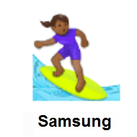 Woman Surfing: Medium-Dark Skin Tone on Samsung
