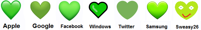 grøn hjerte på Apple, Google, Facebook, vinduer, kvidre, Samsung og Svasy26