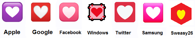 Decoración Corazón en Apple, Google, Facebook, Windows, Twitter, Samsung y Sweasy26