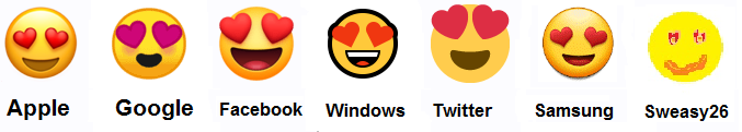  Emoji Yeux de cœur sur Apple, Google, Facebook, Windows, Twitter, Samsung et Sweasy26 