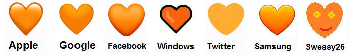 Orange hjerte på Apple, Google, Facebook, vinduer, kvidre, Samsung og Svasy26 