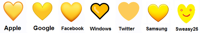 keltainen sydän Applella, Googlella, Facebookilla, Windowsilla, Twitterillä, Samsungilla ja Sweasy26