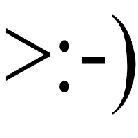 Devil with greater-than sign, colon eyes, nose and round bracket mouth Emoticon