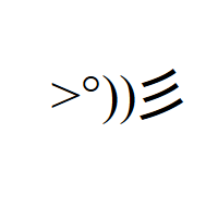 Fish Japanese Emoticon with greater-than sign mouth, degree symbol eye, 2 round brackets body and Chinese radical 59 (bristle or beard) tail