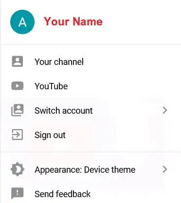 YouTube Studio: Your name, channel, YouTube, switch account, sign out